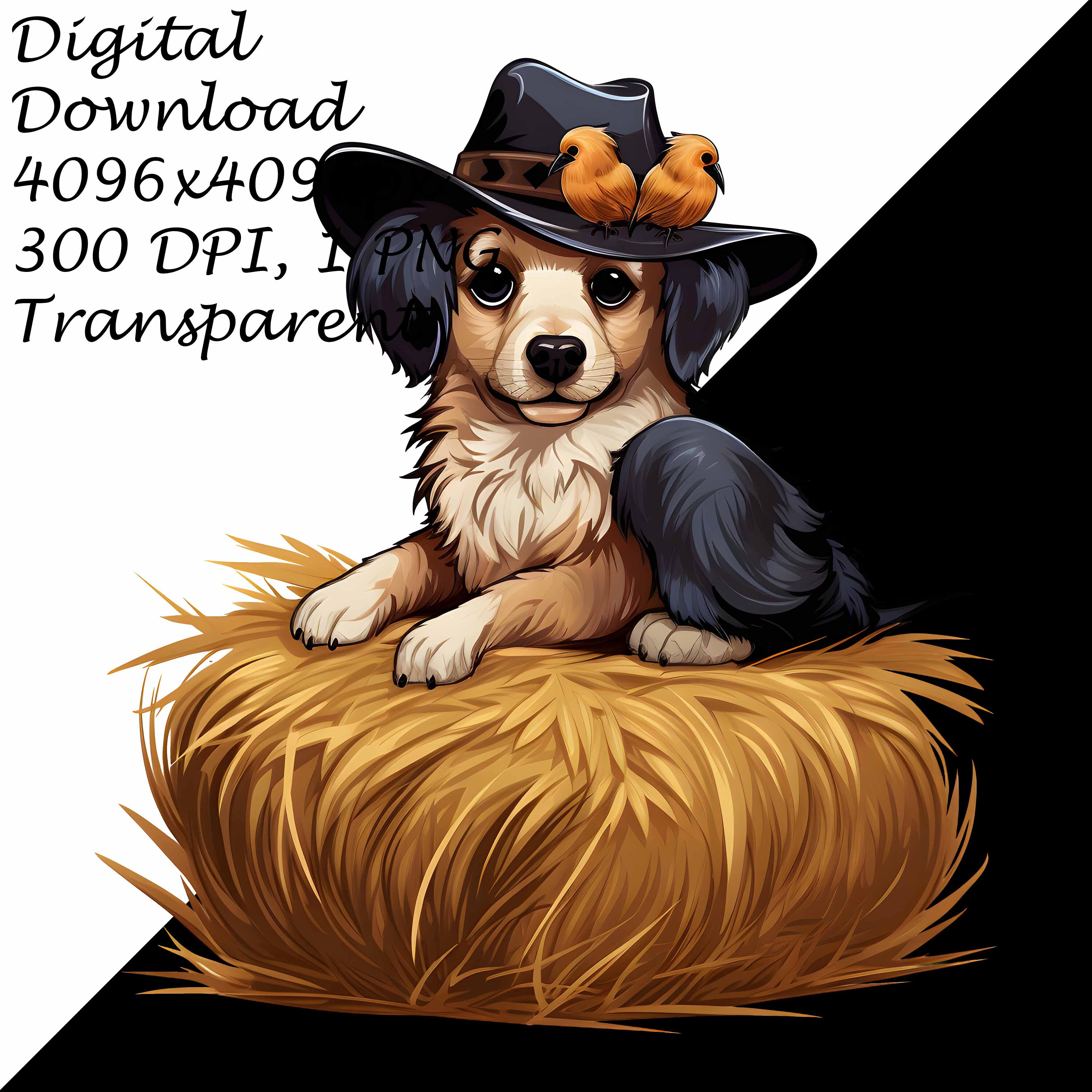 Perro con sombrero de vaquero sentado en un pajar con pájaros PNG Clipart,  Clip Art de animales de granja rústicos, Lindo cachorro digital para, image size:3000x3000