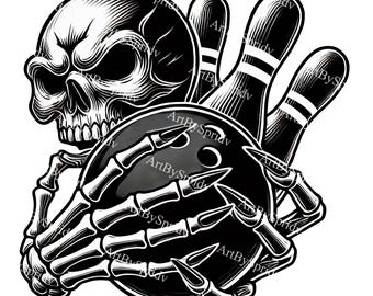 Bold Skull Gripping Bowling Ball PNG Clipart, Skeleton Hand & Striking Pins, Gothic Digital Clip Art for Bowling Enthusiasts, Dark DIY Craft