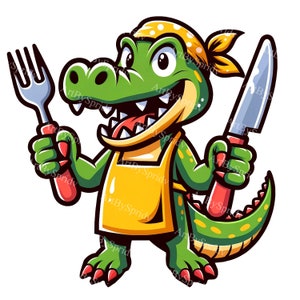 Süße Krokodil Chef Clipart | Entzückende Kochen Reptil PNG | Digital Download Druckbare Sublimations Grafiken für DIY Scrapbooking