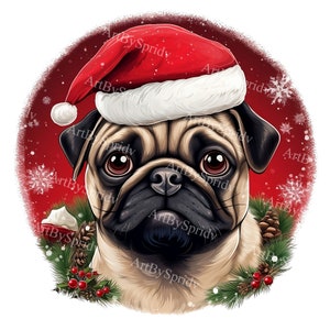 Christmas Pug With Santa Hat Transparent PNG Clipart,Kids/Adults Cartoon Dog Design,Printable Sublimation,Commercial,Magical Animal Clip Art
