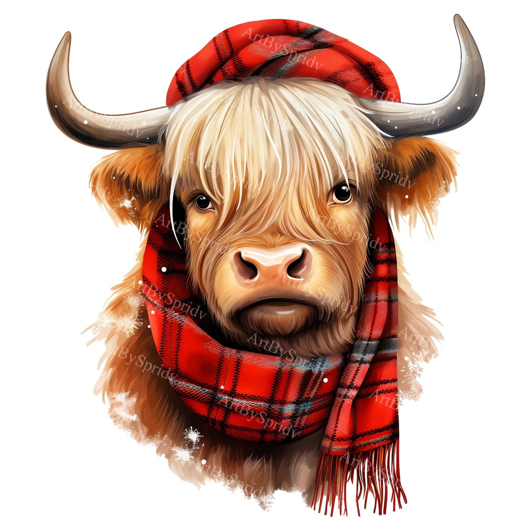 Watercolor Christmas Highland Cow With Scarf - Transparent PNG Xmas ...