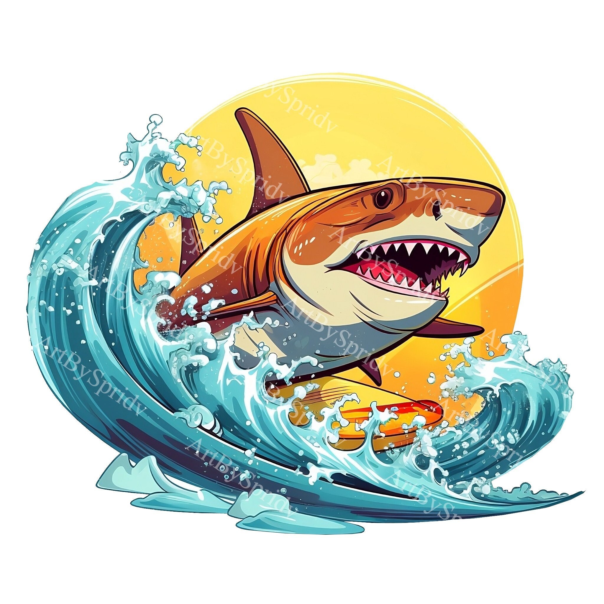 サーフィンするサメのクリップアート PNG、熱帯の波と夕日のイラスト