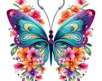 Schattige bloemen vlinder png-clipart, transparante aquarel ontwerp kinderen/volwassenen, afdrukbare sublimatie, commercieel gebruik, babyshower magische png-kunst