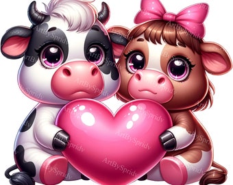 May include: Two cartoon cows, one black and white and one brown, are holding a large pink heart. The cows have big eyes and are smiling.