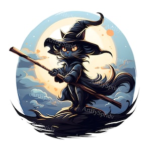 Halloween Black Cat Witch PNG Clipart, Spooky Kitten on Broomstick Digital Clip Art, Horror Gothic Decor, Mystical Illustration,Scrapbooking