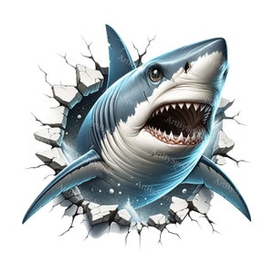 Efeito 3D Realista Shark Wall Break PNG, Clipart para DTG, Camisetas, Canecas, Copos, Sublimação, Scrapbooking - Download Digital Instantâneo
