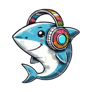 Shark with Headphones PNG Clipart, Cute Ocean Animal, Cartoon Fish Illustration, Sea Life Graphic for Kids, Unique Shark DIY Clip Art
