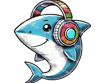 Shark with Headphones PNG Clipart, Cute Ocean Animal, Cartoon Fish Illustration, Sea Life Graphic for Kids, Unique Shark DIY Clip Art