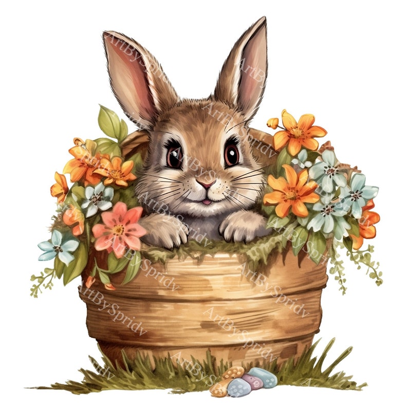 Baby Bunny Peeking Out From Flower Basket PNG Clipart – Cute Easter ...