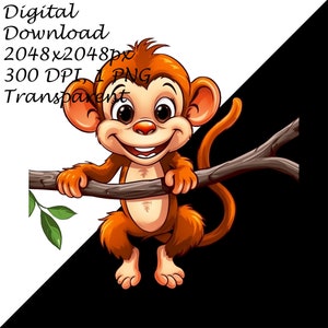 Adorable Cartoon Playful Baby Monkey Hanging From a Branch Clipart PNG ...
