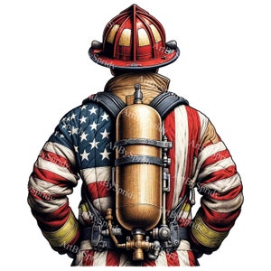 American Flag Firefighter Back View Clipart - Patriotic Fireman Digital PNG, Transparent Background, Instant Download for DIY Crafts&Designs