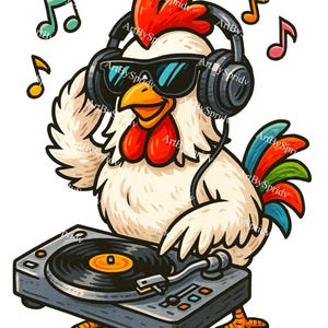 DJ Chicken PNG Clipart | Cool Cartoon Rooster with Turntable & Headphones | Transparent Music Party Design for Stickers, Shirts Sublimation