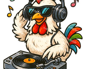 DJ Chicken PNG Clipart | Cool Cartoon Rooster with Turntable & Headphones | Transparent Music Party Design for Stickers, Shirts Sublimation