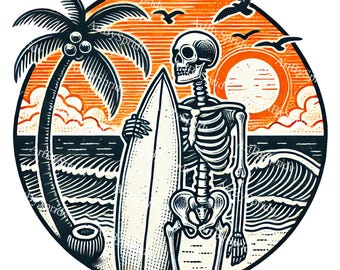 Tropical Skeleton Surfer PNG Clipart, Vintage Skull Surfing Illustration for T-Shirt, Mug Sublimation, Beach Decor, Retro Halloween Clip Art