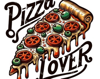 Digitale clipart Pizza Lover | Transparant png-bestand | Peperoni en groene olijven | Ontwerp met druipende kaas | Lekker eten illustratie | Afdrukbare kunst