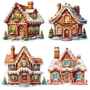 Könnte beinhalten: Vier Lebkuchenhäuser, verziert mit Zuckerstangen, Zuckerguss und Schnee. Jedes Haus hat ein einzigartiges Design und verfügt über eine rote Tür, grüne Fenster und einen Schornstein.