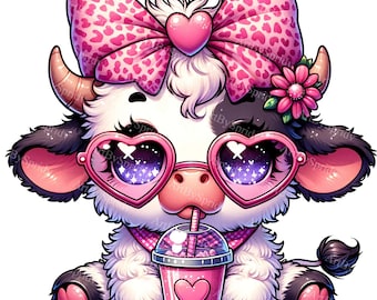 Cute Cow Clipart with Heart Sunglasses & Bow, Printable Tumbler and Mug Design, DTG Shirt Art, Sublimation Graphic, Scrapbooking Digital PNG