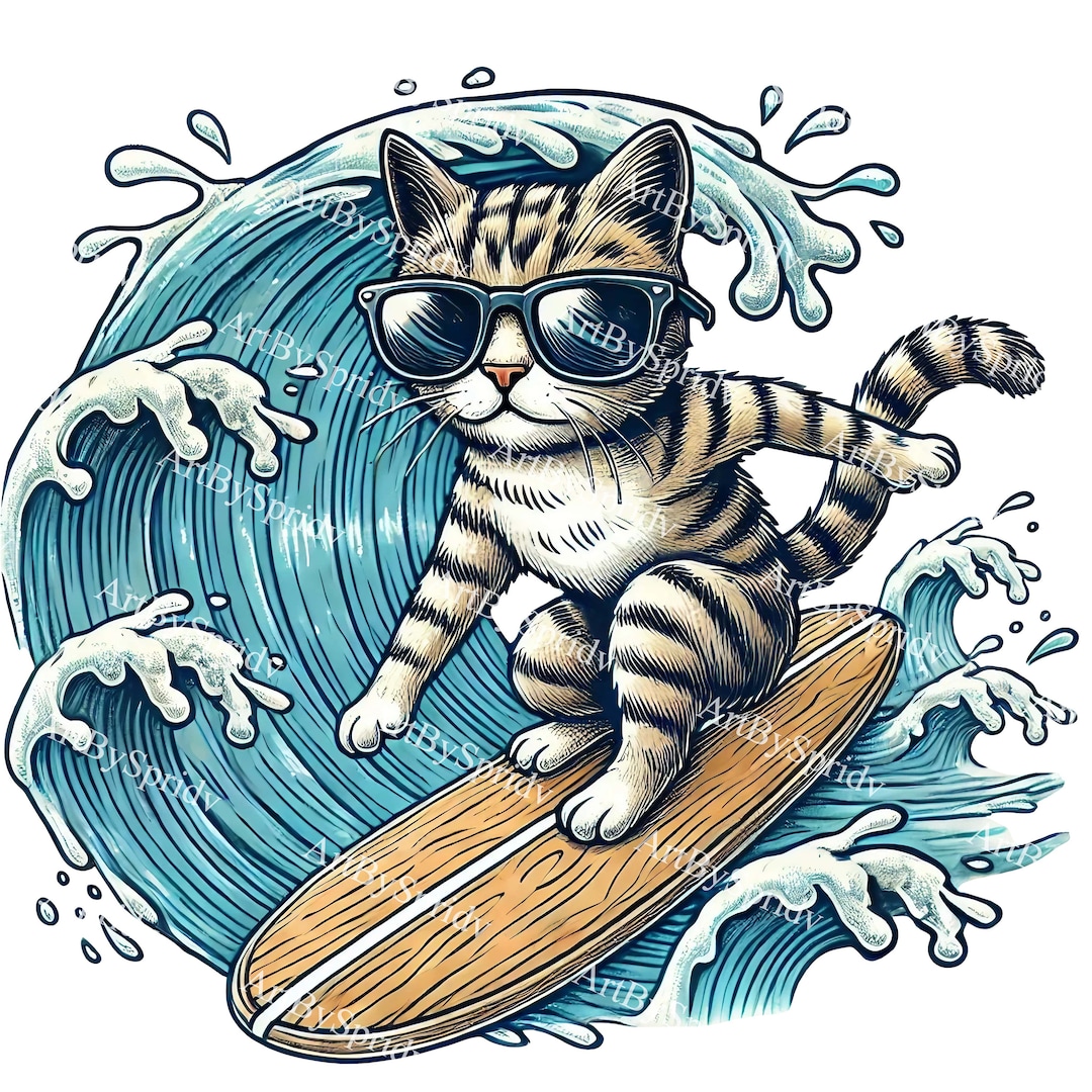 猫　サーフィン　サバトラ　とら猫　サーファー猫　夏　日本画　絵画　原画　海 サーフィン猫のクリップアート、サーフボードに乗ったトラ猫、かわいい