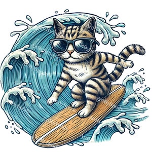 Surfing Cat Clipart, Tabby Cat na desce surfingowej, Cute Summer Beach Illustration, Digital Download, Cat Lover, T-Shirt Sublimation, Surfboard Clip Art