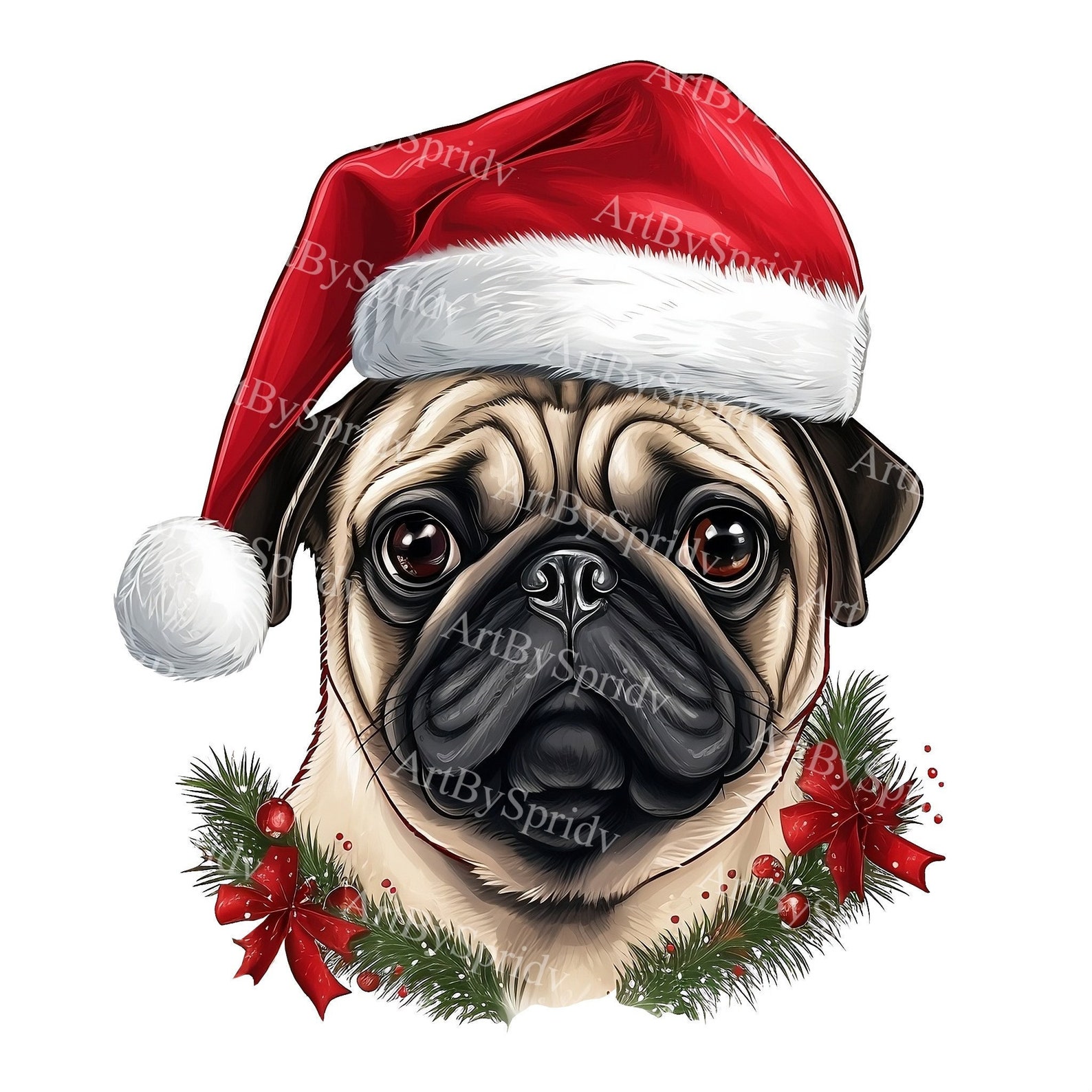 Adorable Pug Christmas PNG Clipart, Cute Holiday Pug With Santa Hat ...