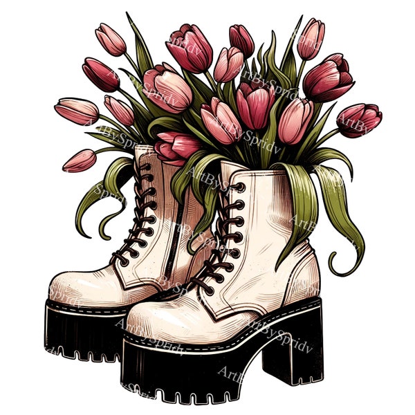 Vintage Floral Boots Clipart - High Heel Fashion Boot with Tulips PNG, Digital Download for Sublimation, Printable Sticker&DIY Craft Design