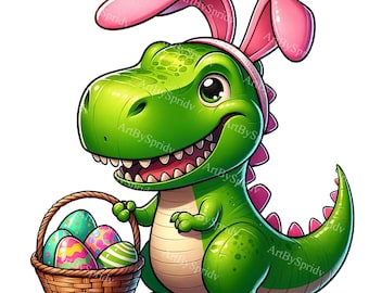 Easter T-rex Dinosaur Clipart With Bunny Ears & Basket PNG for DTG ...