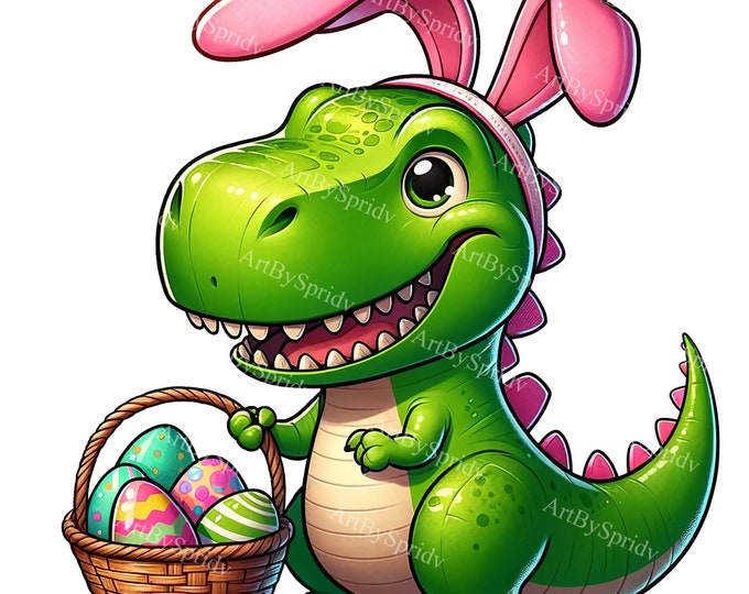 Easter T-rex Dinosaur Clipart With Bunny Ears & Eggs Basket - Digital ...