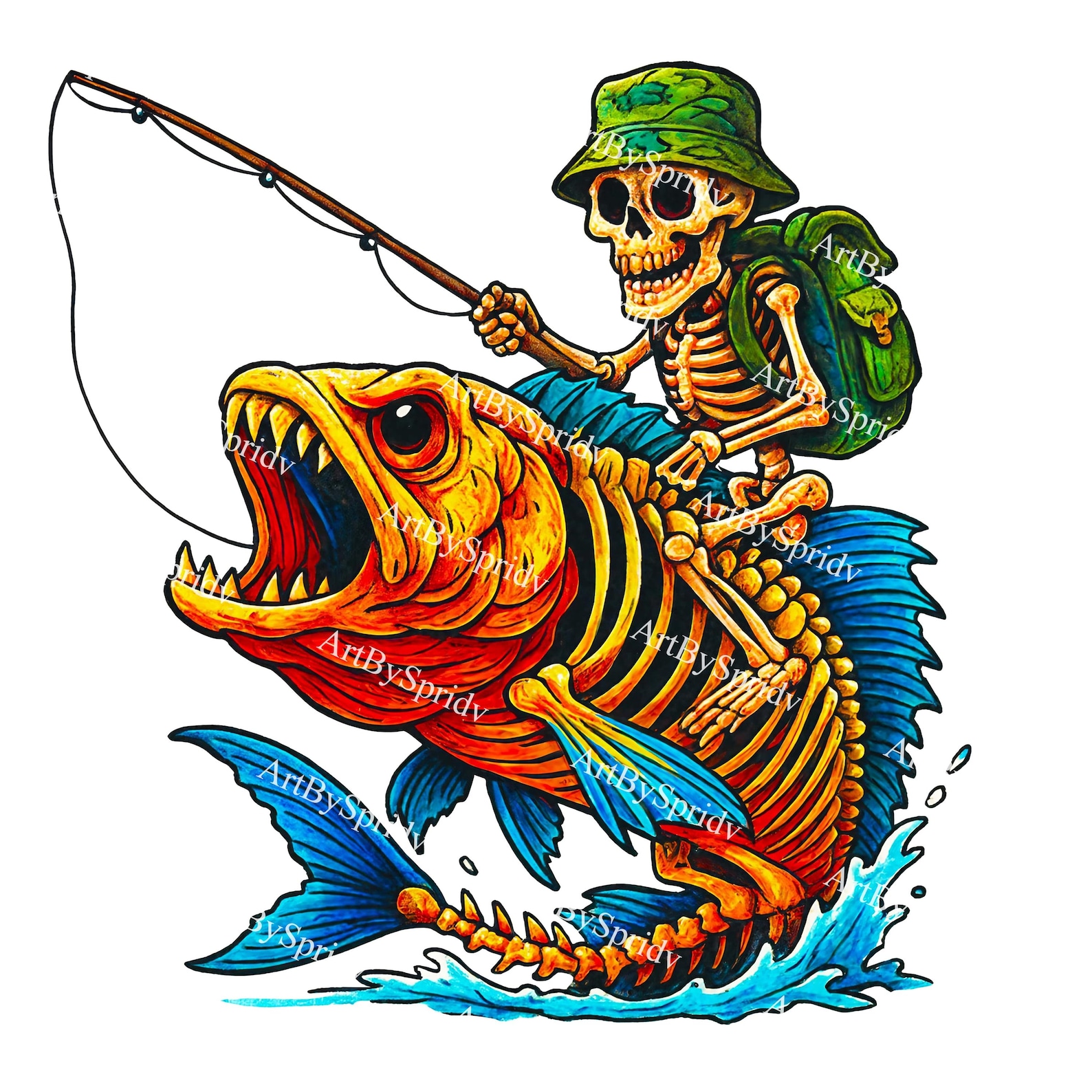 Skeleton Fisherman Riding Monster Fish PNG, Grim Angler Clipart ...