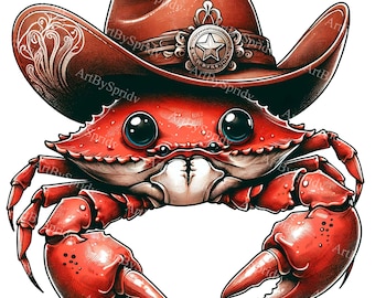 Western-Themed Red Crab Digital Clipart, Printable Cowboy Crab PNG for Sublimation & Crafts, Unique Sea Animal Illustration,Instant Download