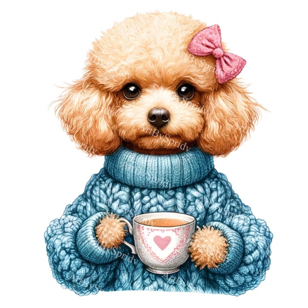 Cozy Knit Sweater Poodle Clipart - Cute Apricot Poodle with Bow and Coffee Mug-Hand-Drawn Digital PNG for Scrapbooking, Invitations, Crafts