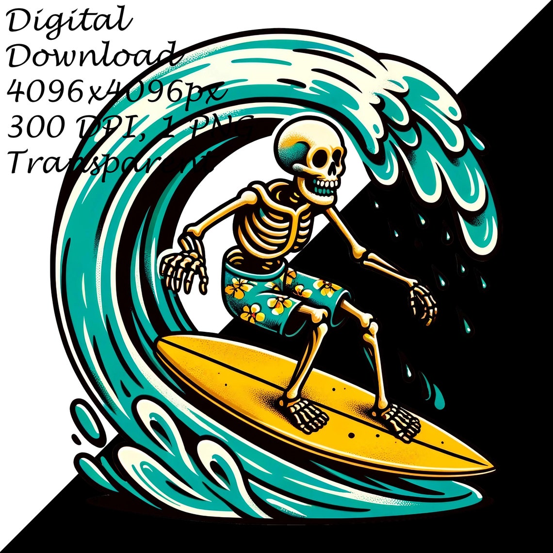 Skeleton Surfer Digital Clipart - Tropical Surfing Skeleton PNG for ...