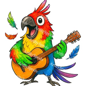 Colorful Parrot Playing Guitar PNG | Funny Singing Bird Clipart for Kids | Tropical Music Animal Transparent T-Shirt Sublimation Digital Art