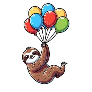 Cute Happy Sloth & Colorful Balloons Clipart - Digital PNG for DTG, T-Shirts, Mugs, Tumblers, Sublimation, Scrapbooking - Instant Download