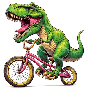Dinosaurier auf Fahrrad Clipart | T-Rex Radsport Grafik | Prähistorische druckbare Kunst | Kinderzimmer Dekor | Edukative Illustration | Digitaler Download