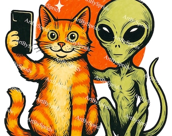 Funny Alien and Cat Selfie PNG, Cute Space Cat Transparent Clipart, UFO Alien Cat Art Printable, Quirky Sci-Fi Digital Download Design