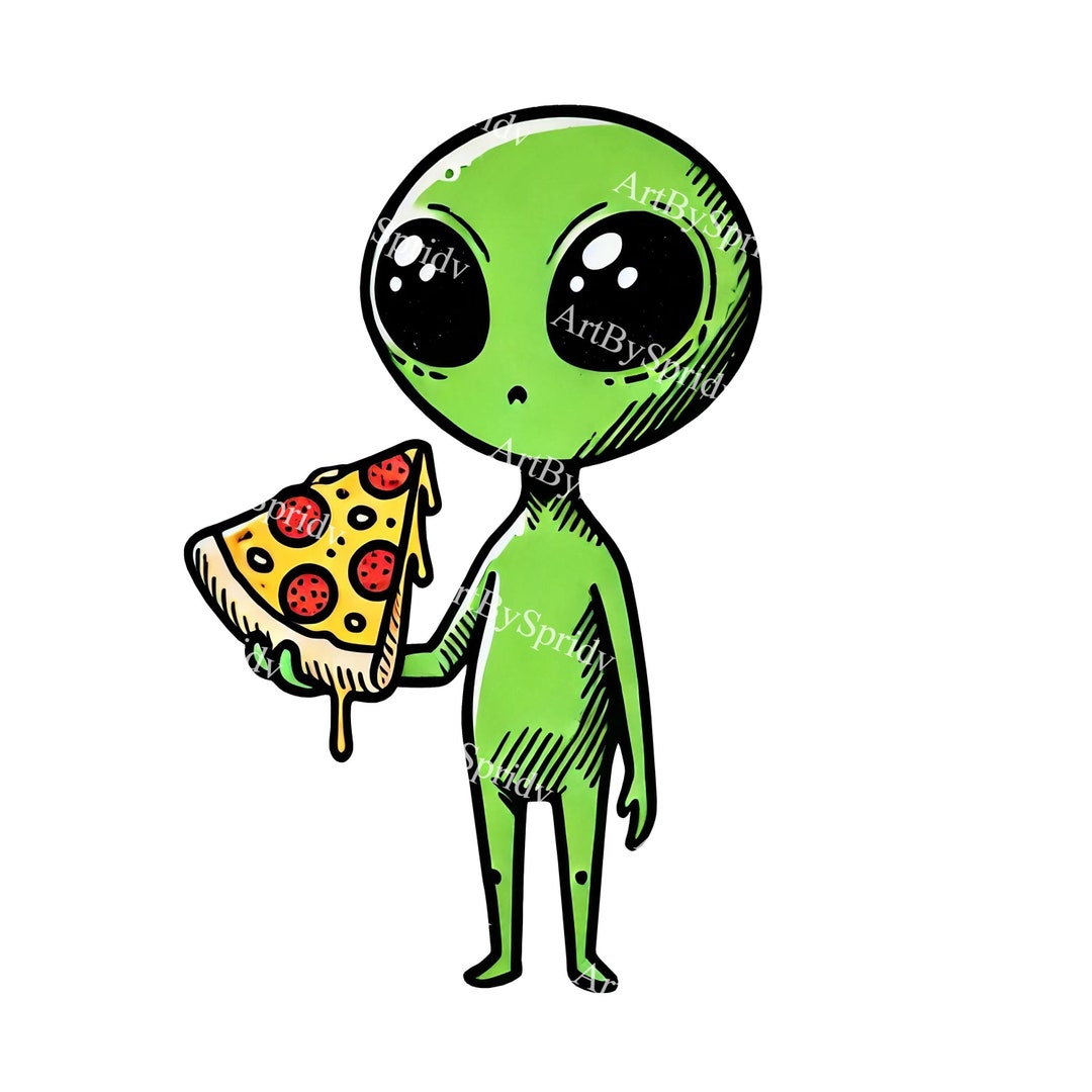 Green Alien Eating Pizza Slice With Pepperoni PNG Clipart, Transparent