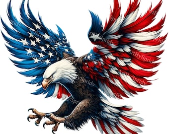 Patriotic American Eagle Clipart PNG, Majestic USA Flag Wings Sublimation Design, Digital Download for DIY Crafting and Printable Clip Art