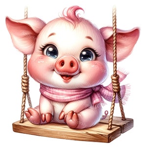 Cerdo de acuarela en columpio Clipart - Bufanda de cerdo de dibujos animados PNG, Descarga digital para sublimación de camisetas, tazas, vasos y álbumes de recortes