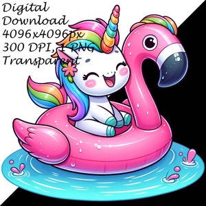 Whimsical Unicorn on Flamingo Float Clipart | Cute Summer Graphics | Printable Sublimation PNG | Kids Party Decor|DIY Craft Digital Download