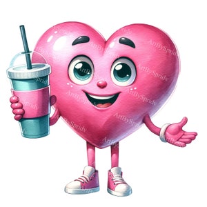 Valentinstag Herz Charakter Clipart - Süßes Lächeln & Becher, Perfekt für T-Shirt, Tasse, Scrapbooking - Digital Clip Art PNG, Liebe Geschenkidee