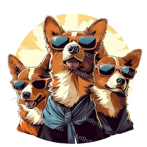 Cool Corgi Crew Clipart PNG, Stylish Corgis in Sunglasses, Fun Dog Illustration for Stickers, Apparel, Digital Clip Art, DIY Craft Projects