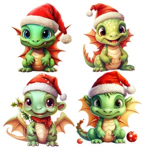 Baby Dragon Christmas PNG Clipart Bundle, Cute Festive Dragon with Santa Hat, Holiday Digital Clip Art for Cards, DIY Crafts, Xmas T-Shirt