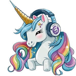 Magical Unicorn with Rainbow Mane & Headphones, Cute Cartoon PNG Clipart, Kawaii Clip Art for Kids Room Decor, T-Shirt Sublimation,DIY Craft