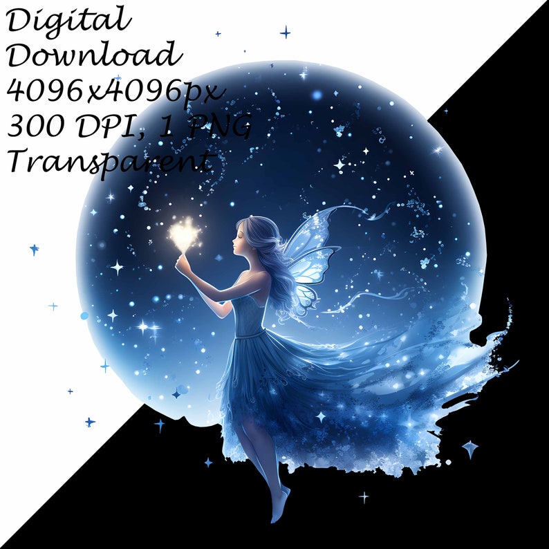Enchanting Moonlit Fairy Clipart | Elegant Fairy in Blue Dress PNG ...
