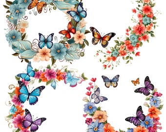 Conjunto de imágenes prediseñadas de mariposas florales, PNG de sublimación imprimible, flores digitales para scrapbooking, gráficos de manualidades para hacer uno mismo, descarga instantánea, uso comercial