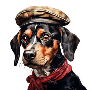 Vintage-Style Dachshund Dog Clipart | Cute Beagle in Cap & Scarf | Hand-Drawn Transparent PNG for Sublimation, Printables, Crafts, Stickers