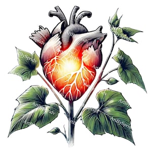 Clipart de flor de corazón anatómico - Arte botánico surrealista PNG - Ilustración de flor de corazón brillante - Descarga digital inspirada en la naturaleza vintage