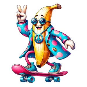 Hipster Banana Clipart na Deskorolce - Funky Fruit Digital Clip Art PNG, Fantazyjna postać z kreskówek, Skate Hip Peace Love - Natychmiastowe pobranie