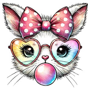 Cute Cat PNG, Kawaii Kitty Bubblegum Clipart, Pastel Aesthetic Cat with Heart Glasses and Bow,Girly Sublimation Design for T-Shirts&Stickers