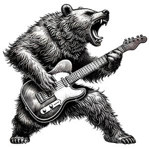 Fierce Rock & Roll Bear Playing Electric Guitar PNG, Heavy Metal Wild Animal Clipart,Tattoo Style Musician Art for T-Shirts,Posters,Stickers